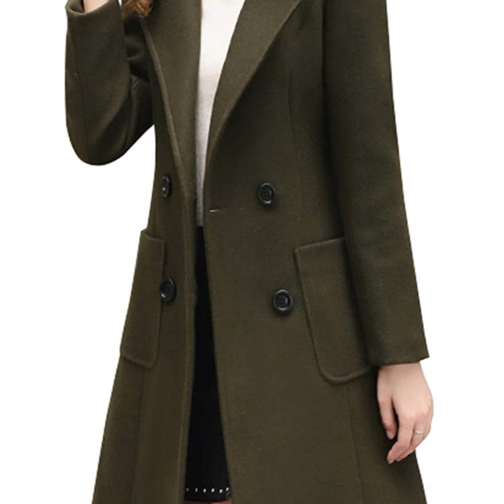 Notched Collar Double Breasted Wool Blend Over Coat. XL. Army Green